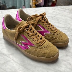 MOACONCEPT Club Sneaker Tan Suede with Pink Laminated Logo Size 40